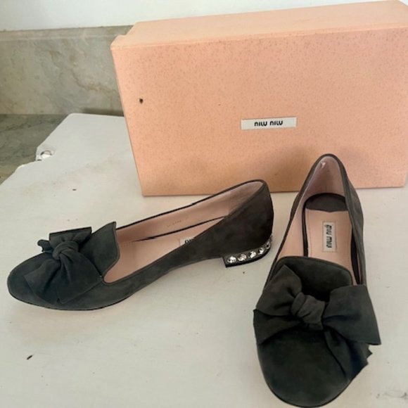 Miu Miu Grey Suede Flats Loafers, rhinestone and bow accent - Picture 1 of 5